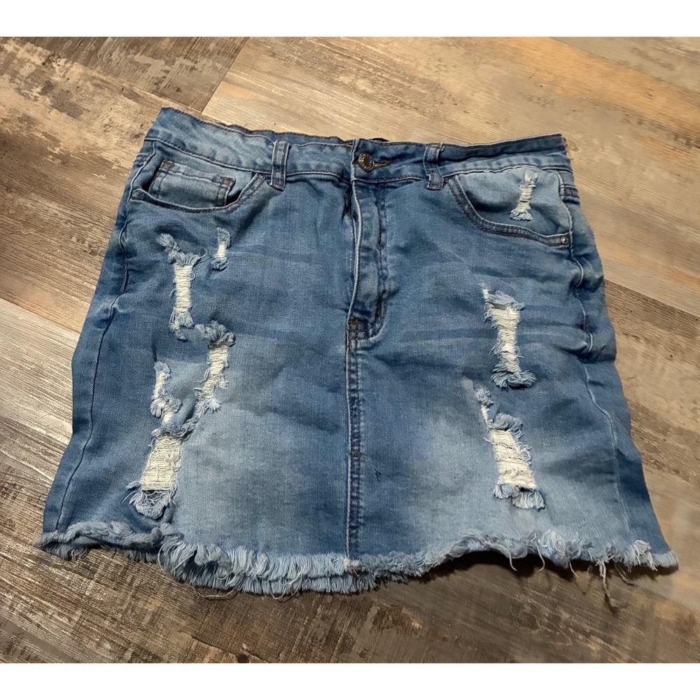 Distressed Denim Mini Skirt Medium Wash Frayed Raw Hem Blue Jean Skirt Women